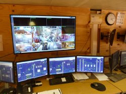Inside the temporary control room, which will be transferred to the new office building when it is complete. The plant’s laboratory is also in temporary buildings and will likewise move to the new office building.