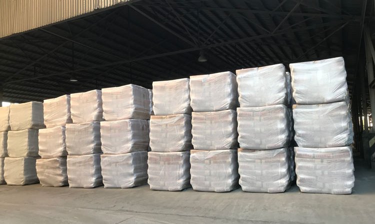 Palletless stretch-wrapped cement bags, packed by two Möllers palletiser lines, ready for dispatch from the Fushë Krujë Cement Factory.