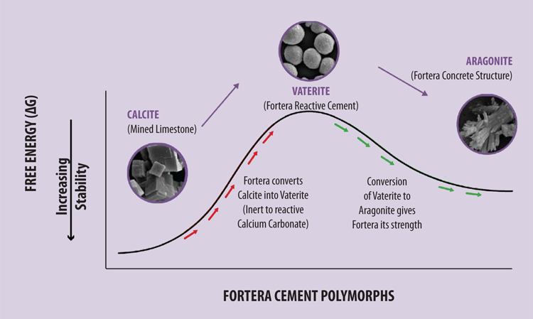 Figure 2: The Fortera process converts unreactive calcite to vaterite. In stand-alone use, it converts to aragonite.