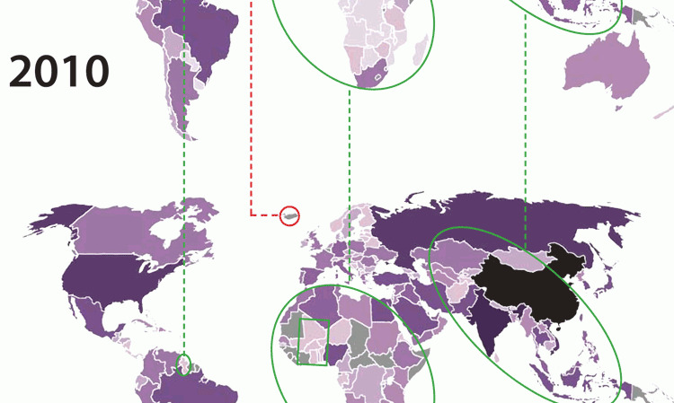 Figure 3: Cement producing countries, colour-coded by integrated cement capacity (Mt) in 2010 and 2019.