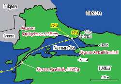 Map of the region surrounding Istanbul showing the location of Akcansa cement plants and the terminal at Ambarli.