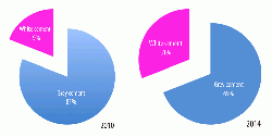 Figure 3: JK Cement's white and grey cement sales volumes in fiscal 2010 (left) and 2014 (right) in %. Source: JK Cement's 2013 - 2014 annual report.