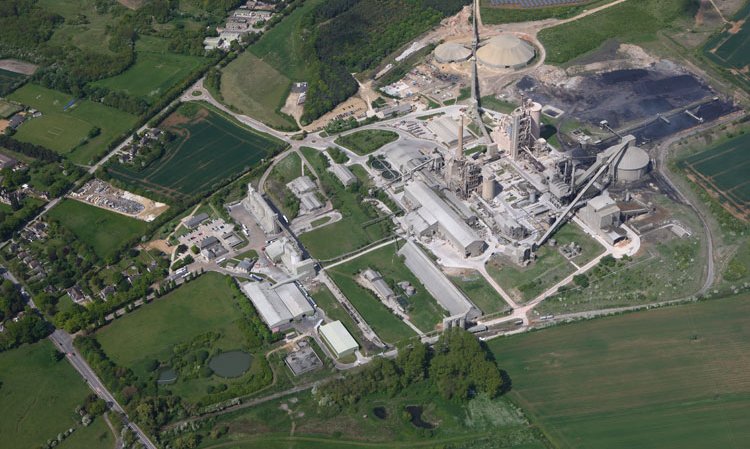 View over the Ketton cement plant in Rutland, UK. Kiln 8 is to the right, with the mothballed Kiln 7 to the left.