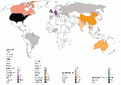 Figure 2: Global distribution of cement board producers. Colour-coded by region. Source: Company websites.