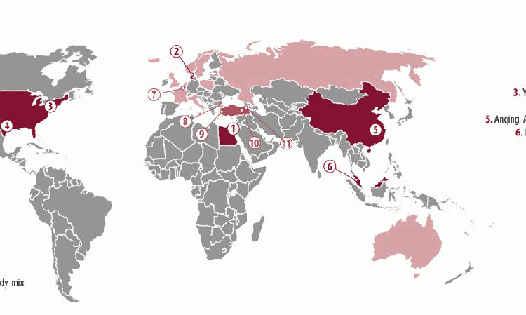 Cementir's global presence, with white and grey cement plants shown. Countries with terminals and / or ready-mix concrete plants are also indicated.