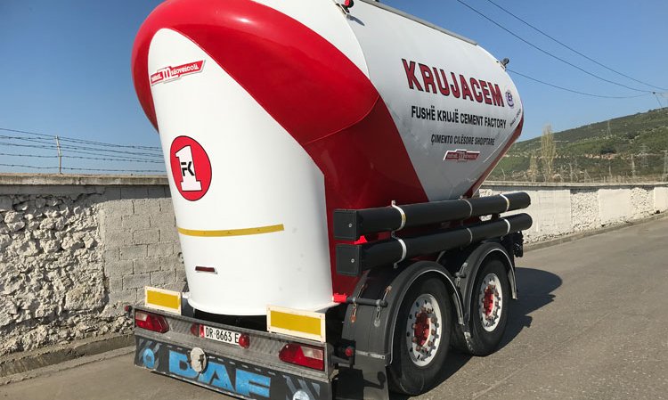 One of Fushë Krujë Cement Factory’s own liveried cement lorries, built by Mistrall Siloveicoli of Italy, showing the company’s strong brand identity.