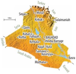 Map of Iraq with key settlements and neighbouring countries.