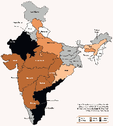 Figure 2: Integrated cement plants and those planned or under construction in India in 2014. States colour-coded by cement production capacity. Source: The Global Cement Directory 2015 and Global Cement research.