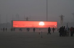 Figure 5: In January 2014 worldwide media reported that the smog levels in Beijing had become so high that the sunrise was no longer visible. According to what was later identified as a misunderstanding, the government had resorted to broadcasting a video of the sun rising to placate 