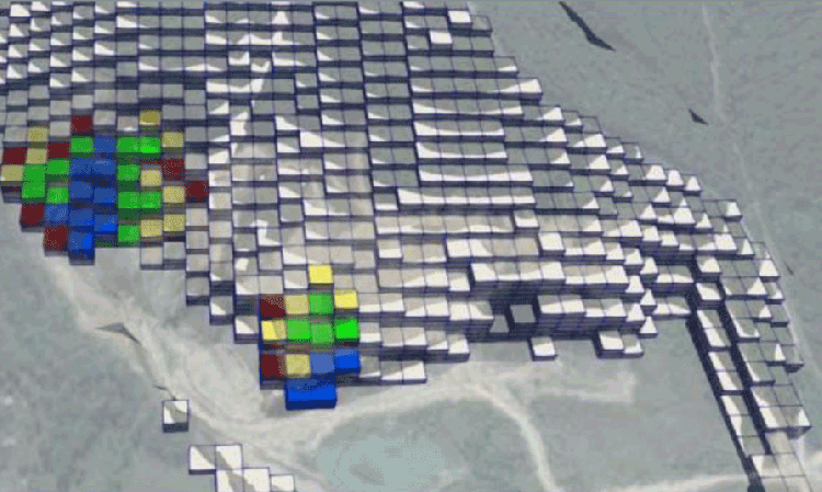 Figure 8: Yearly plan for the clay deposit split into quarterly steps. Blue blocks are proposed for extraction in the first quarter, green blocks in the second quarter, yellow blocks in the third quarter and the red blocks in the fourth quarter. This respects the right balance between the clayey and sandy materials at all times.