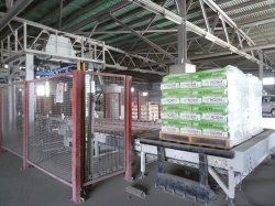 Figure 10: A Beumer palletising and shrink-wrap unit prepares the bagged cement for shipment. Some 5000t of palletised cement can be stored at Norm Sement.