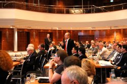 Global Cement's Dr Robert McCaffrey questions Cecilia Tan about global warming during the first session of the VDZ Congress.