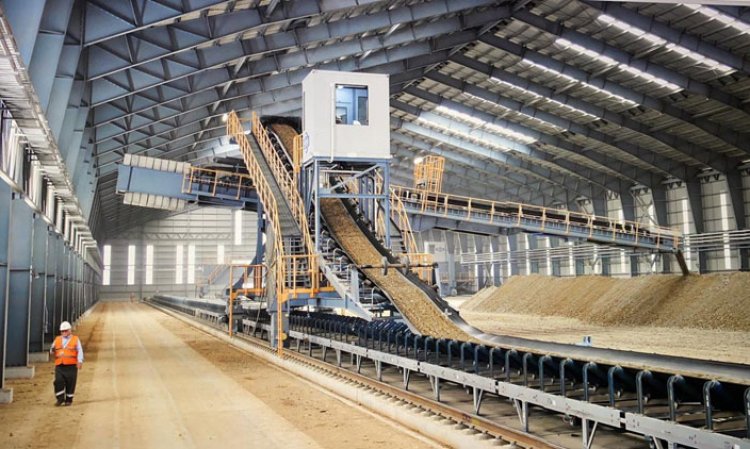 Inside the plant’s linear storage area.