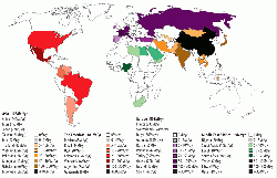 Figure 1: Cement production capacities of the top 75 cement companies of 2013, colour coded by capacity and country. Source: Global Cement Directory 2013.