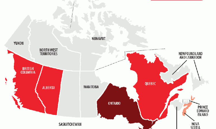 Figure 3: Map of Canada with integrated cement plants. Provinces and Territories are colour-coded by cement production capacity. Source: Global Cement Directory 2017.