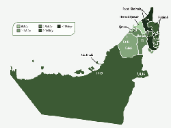 Figure 2: The integrated cement plants and standalone cement grinding plants in the UAE in 2014, colour-coded by installed integrated cement production capacity in each Emirate. Source: The Global Cement Directory 2015.