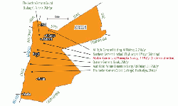 Figure 2: Map of Jordan showing major settlements, neighbouring countries and areas of water and the location of its cement plants. (13)