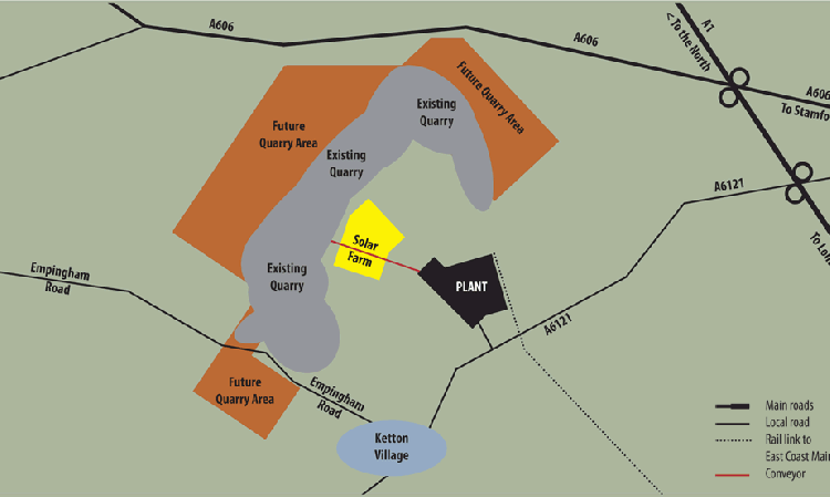 Schematic showing locations of plant site, solar farm quarry, main roads and rail.