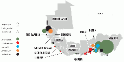 Figure 15: Locations and sizes of current and planned  integrated cement plants in west Africa by producer. Grinding plants and terminals and those planned are also shown (not to scale).