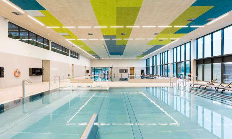 Acoustic WWCB ceiling panels in an indoor swimming pool. Source: Troldtekt, Denmark.