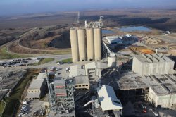 A view from the preheater tower, showing the raw meal silos. The coal system is seen in the left centre.