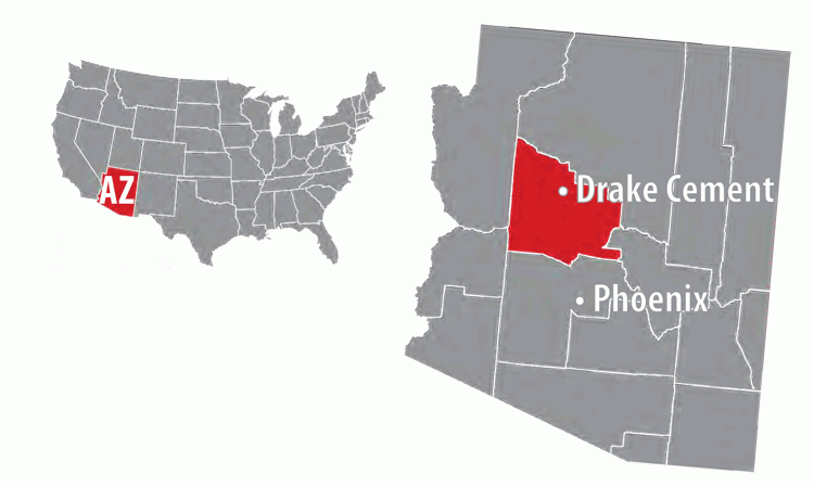 Location of the Drake Cement plant within the continental US and state of Arizona.