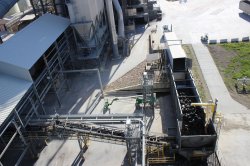 Tyre reception and handling - the trailer tipper is top right, surge bin and tyre singulator is at the bottom right and the tyre conveyor is at the bottom.