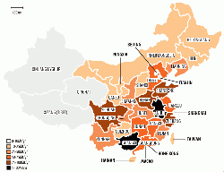 Figure 3: The integrated cement plants in China in 2015. The states are colour-coded by cement production capacity. Source: Global Cement Directory 2015.