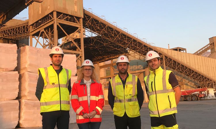 Young workers at the Fushë Krujë Cement Factory: Left to right: Layth Jweinat, mechanical maintenance; Joli Lico, environmental manager;  Albert Bunguri, clinker production manager; Jurgen Kola, quality assurance manager.