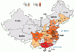 Figure 3: Map of Chinese Provinces, Municipalities, Autonomous Regions and Special Administrative Zones, with neighbouring countries / territories and areas of water. Colour-coded by cement production capacity. (2)