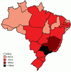 Figure 4: The apparent cement consumption in Brazil in 2012. The states are colour-coded by apparent cement consumption. Source: SNIC 2012 annual report.