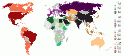 Figure A2: The global cement production capacities of every country in 2015, colour coded by capacity and world region. Source: The Global Cement Directory 2016.