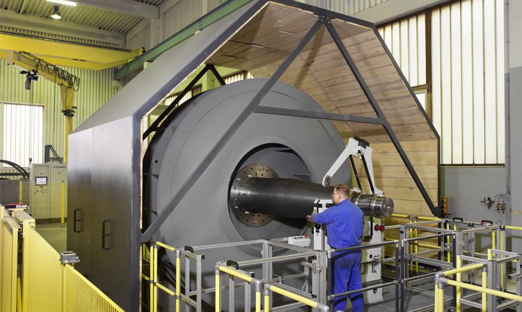 An impeller being balanced on the Schenck balancing machine in the factory.