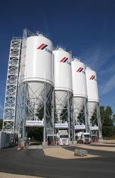 Mossandl trucks filling up at the cement handling plant in Regensburg, Bavaria.