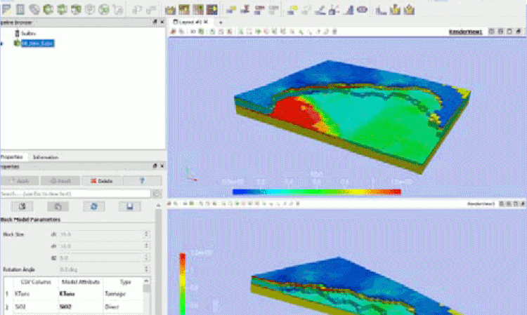 Figure 5:  TOC distribution in the deposit. The screenshots in this and Figure 6 were taken with a test version of AtheosGeo - a new software for visualising block models, with specialisation in optimising and scheduling cement raw mix resources, developed by cobo GmbH.