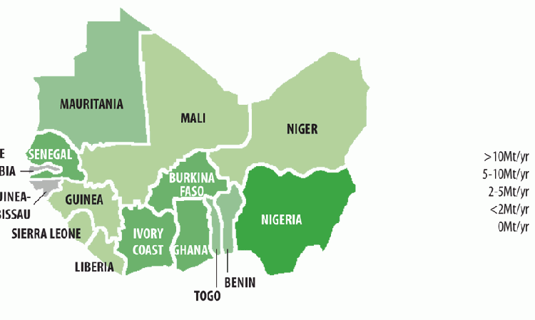 Figure 1: Cement capacity of West African countries in 2018. Source::Research towards Global Cement Directory 2019.