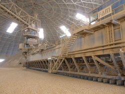 Inside one of the plant's three 40,000t limestone homogenisation / storage domes, built by the Chinese supplier Sinoma. Each dome is equipped with a stacker-reclaimer from Germany's FAM Forderanlagen Magdeburg.