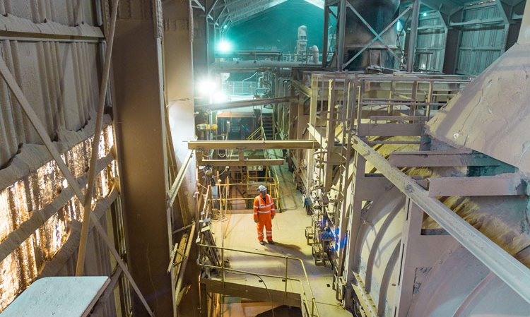 A view of the ‘new’ 1980s kiln, set inside the unusual kiln shed at the plant. Note plant worker for scale.