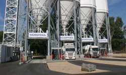 Mossandl trucks filling up at the cement handling plant in Regensburg, Bavaria.