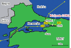 Close up map showing location of Nuh Cimento, surrounding towns, roads (yellow) and approximate position of proposed bridge (pink).