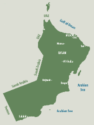 Map of Oman showing key settlements, location of OCC, neighbouring territories and areas of water. Raysut Cement is located close to Salalah Port in the extreme south west of the country.