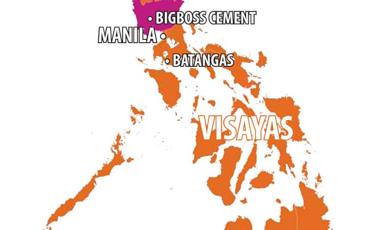 Map of the Philippines, with Manila, Batangas and BIGBOSS Cement plant shown. Pampanga Province is highlighted.