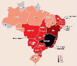 Figure 3: The integrated cement plants in Brazil in 2015. The states are colour-coded by cement production capacity. Source: The Global Cement Directory 2016.