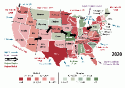 Figure 3: State-by-state surpluses (green) and deficits (red) in cement production in the United States in 2014 (actual) and 2020 (forecast). Alaska and Hawaii are not shown.