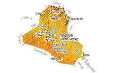 Figure 3: Map of Iraq with key settlements, neighbouring countries and areas of water and integrated cement plants.