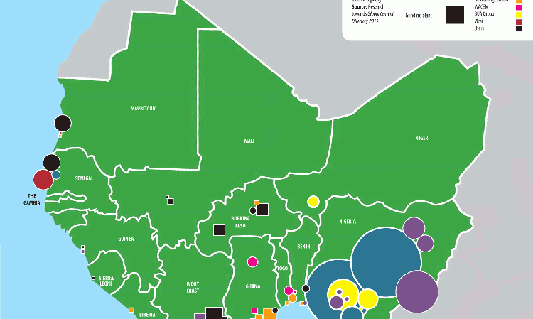 Cement plants in West Africa, scaled to their capacity. Source: Research towards Global Cement Directory 2019.