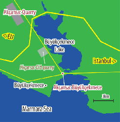 Close up map showing Buyukcekmece town, reservoir and cement plant and location of Akcansa quarries.