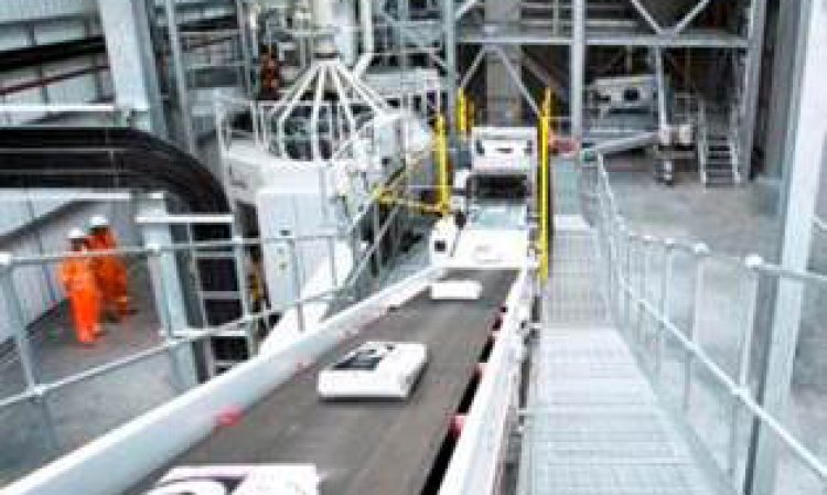 Inside the new Hope Cement packing plant in Dagenham, Greater London.