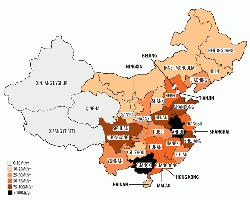 Figure 3: The integrated cement plants in China in 2014. The states are colour-coded by cement production capacity. Source: Global Cement Directory 2014.